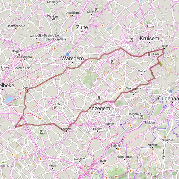 Miniature de la carte de l'inspiration cycliste "Aventure Gravel autour de Zwevegem" dans la Prov. West-Vlaanderen, Belgium. Générée par le planificateur d'itinéraire cycliste Tarmacs.app