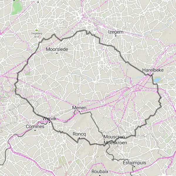 Karten-Miniaturansicht der Radinspiration "Rundtour von Zwevegem nach Katteberg und Zilverberg" in Prov. West-Vlaanderen, Belgium. Erstellt vom Tarmacs.app-Routenplaner für Radtouren