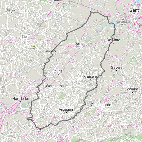 Miniatuurkaart van de fietsinspiratie "100km van Zwevegem naar Tiegem en terug" in Prov. West-Vlaanderen, Belgium. Gemaakt door de Tarmacs.app fietsrouteplanner