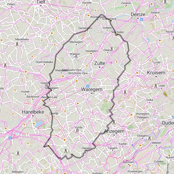 Map miniature of "Zwevegem Out-and-Back Road Ride" cycling inspiration in Prov. West-Vlaanderen, Belgium. Generated by Tarmacs.app cycling route planner