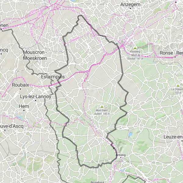 Miniatuurkaart van de fietsinspiratie "89km van Zwevegem naar Keiberg en terug" in Prov. West-Vlaanderen, Belgium. Gemaakt door de Tarmacs.app fietsrouteplanner