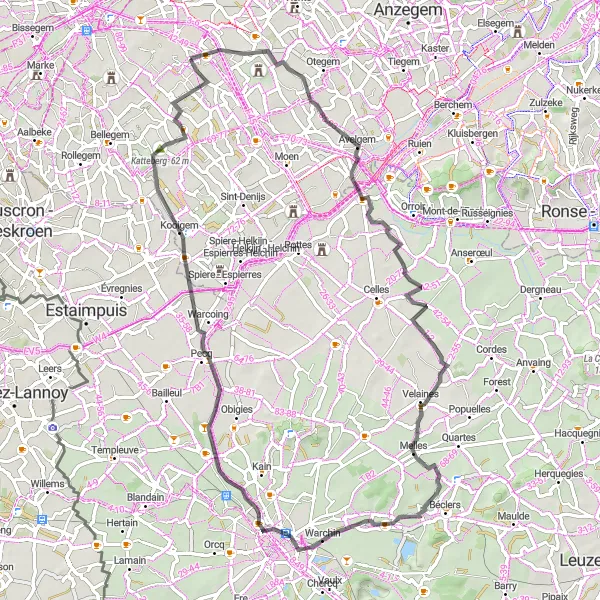 Miniatuurkaart van de fietsinspiratie "70km van Zwevegem naar Avelgem en terug" in Prov. West-Vlaanderen, Belgium. Gemaakt door de Tarmacs.app fietsrouteplanner