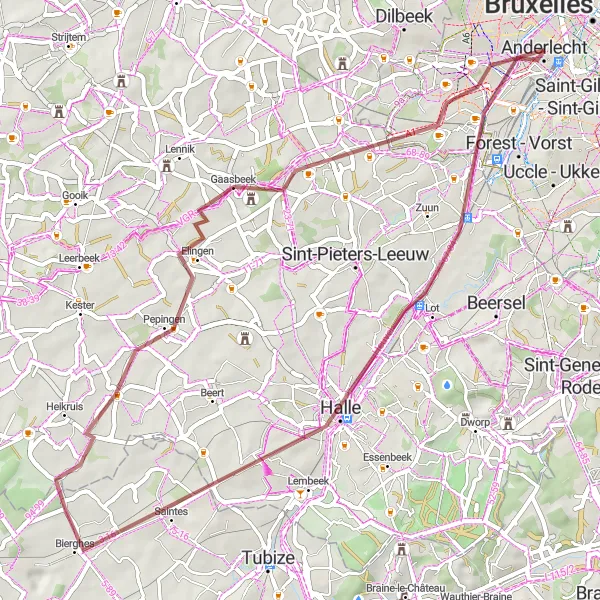 Map miniature of "Scenic Gravel Loop to Gaasbeek Castle" cycling inspiration in Région de Bruxelles-Capitale/ Brussels Hoofdstedelijk Gewest, Belgium. Generated by Tarmacs.app cycling route planner