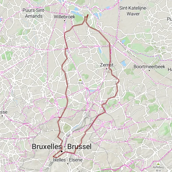 Map miniature of "Exploring Cultural Gems on Gravel" cycling inspiration in Région de Bruxelles-Capitale/ Brussels Hoofdstedelijk Gewest, Belgium. Generated by Tarmacs.app cycling route planner