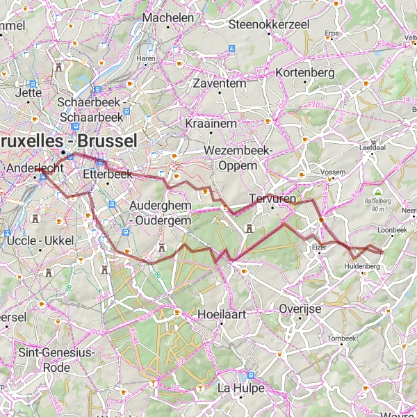 Map miniature of "Gravel Adventure in Watermael-Boitsfort" cycling inspiration in Région de Bruxelles-Capitale/ Brussels Hoofdstedelijk Gewest, Belgium. Generated by Tarmacs.app cycling route planner