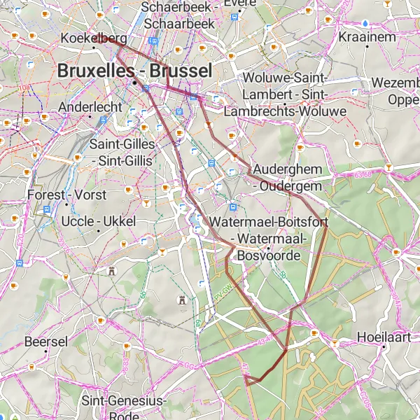 Map miniature of "Scenic Tour of Auderghem and Koekelberg" cycling inspiration in Région de Bruxelles-Capitale/ Brussels Hoofdstedelijk Gewest, Belgium. Generated by Tarmacs.app cycling route planner