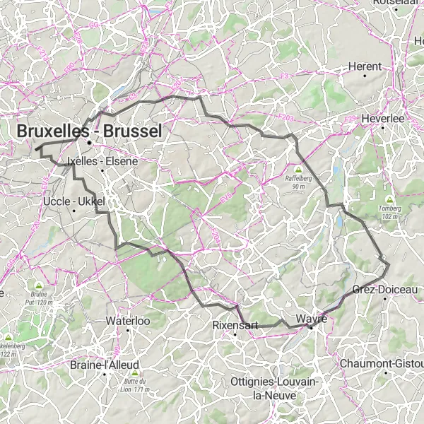 Map miniature of "Challenging Road Ride to Wavre" cycling inspiration in Région de Bruxelles-Capitale/ Brussels Hoofdstedelijk Gewest, Belgium. Generated by Tarmacs.app cycling route planner