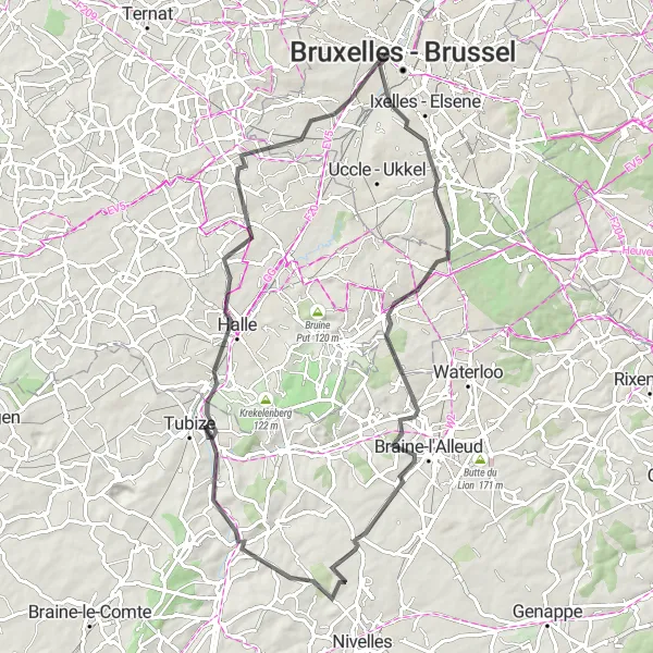 Map miniature of "Scenic Road Loop to Halle" cycling inspiration in Région de Bruxelles-Capitale/ Brussels Hoofdstedelijk Gewest, Belgium. Generated by Tarmacs.app cycling route planner