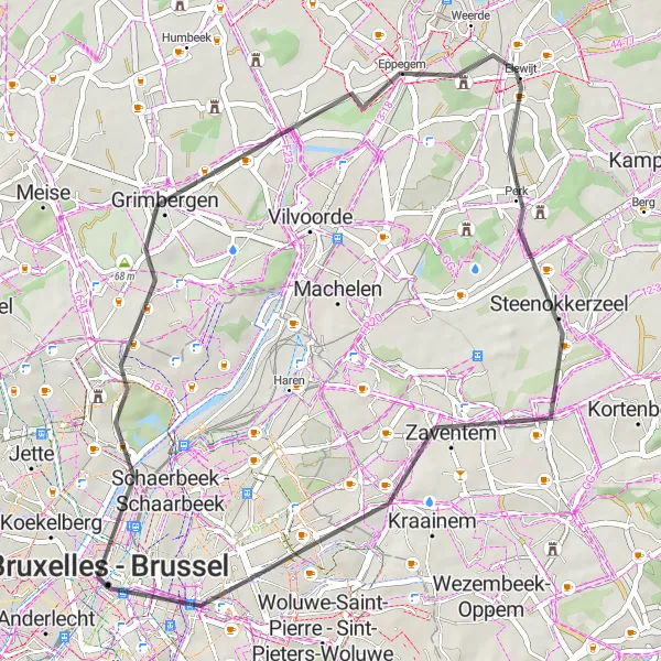 Map miniature of "Vilvoorde and Grimbergen Loop" cycling inspiration in Région de Bruxelles-Capitale/ Brussels Hoofdstedelijk Gewest, Belgium. Generated by Tarmacs.app cycling route planner