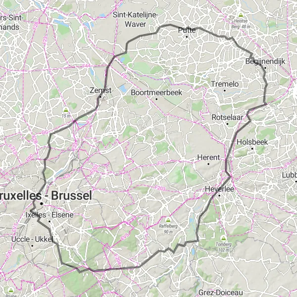 Map miniature of "Beerzel and Leuven Epic Ride" cycling inspiration in Région de Bruxelles-Capitale/ Brussels Hoofdstedelijk Gewest, Belgium. Generated by Tarmacs.app cycling route planner