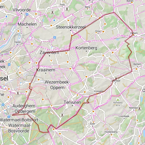 Miniatuurkaart van de fietsinspiratie "Gravelroute naar Nederokkerzeel en Vossem" in Région de Bruxelles-Capitale/ Brussels Hoofdstedelijk Gewest, Belgium. Gemaakt door de Tarmacs.app fietsrouteplanner