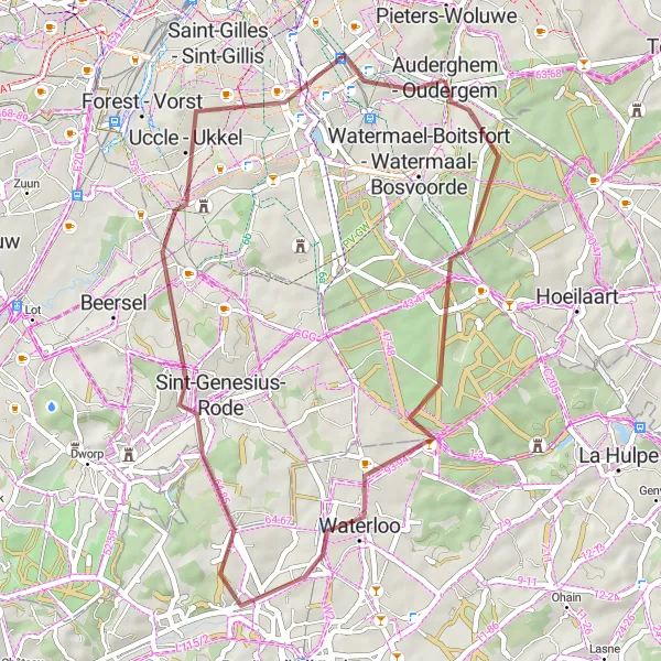 Map miniature of "Auderghem Gravel Loop" cycling inspiration in Région de Bruxelles-Capitale/ Brussels Hoofdstedelijk Gewest, Belgium. Generated by Tarmacs.app cycling route planner