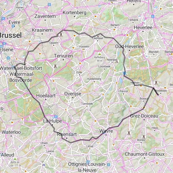Miniatuurkaart van de fietsinspiratie "Woluwe-Saint-Pierre - Korbeek-Dijle - Bossut-Gottechain - Wavre - Rixensart - Watermael-Boitsfort Cycling Route" in Région de Bruxelles-Capitale/ Brussels Hoofdstedelijk Gewest, Belgium. Gemaakt door de Tarmacs.app fietsrouteplanner