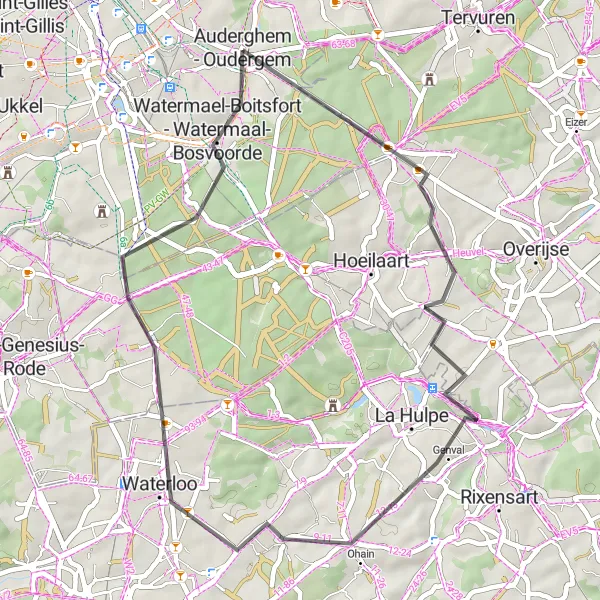 Map miniature of "Val Duchesse and Waterloo Loop" cycling inspiration in Région de Bruxelles-Capitale/ Brussels Hoofdstedelijk Gewest, Belgium. Generated by Tarmacs.app cycling route planner