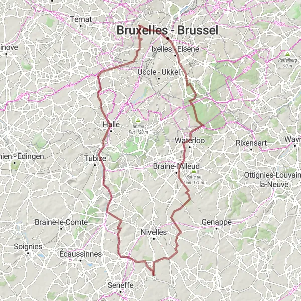 Miniatuurkaart van de fietsinspiratie "Uitdagende gravelroute door Brussel en omgeving" in Région de Bruxelles-Capitale/ Brussels Hoofdstedelijk Gewest, Belgium. Gemaakt door de Tarmacs.app fietsrouteplanner