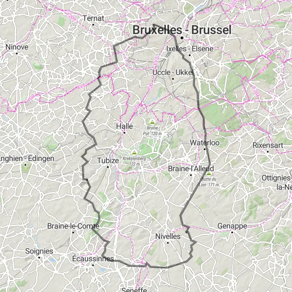 Map miniature of "The Waterloo Challenge" cycling inspiration in Région de Bruxelles-Capitale/ Brussels Hoofdstedelijk Gewest, Belgium. Generated by Tarmacs.app cycling route planner
