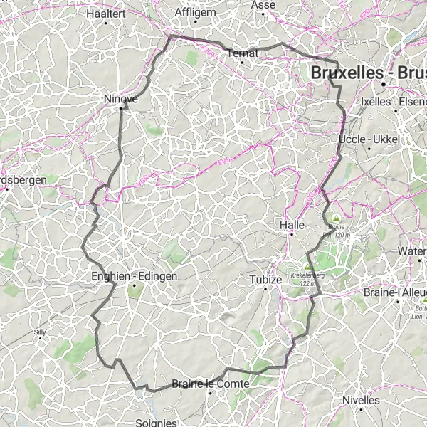 Map miniature of "The Hill Climbing Adventure" cycling inspiration in Région de Bruxelles-Capitale/ Brussels Hoofdstedelijk Gewest, Belgium. Generated by Tarmacs.app cycling route planner