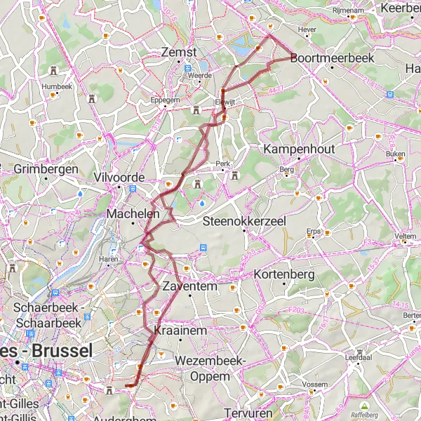 Miniatuurkaart van de fietsinspiratie "Avontuurlijke grindroute langs Brussel" in Région de Bruxelles-Capitale/ Brussels Hoofdstedelijk Gewest, Belgium. Gemaakt door de Tarmacs.app fietsrouteplanner