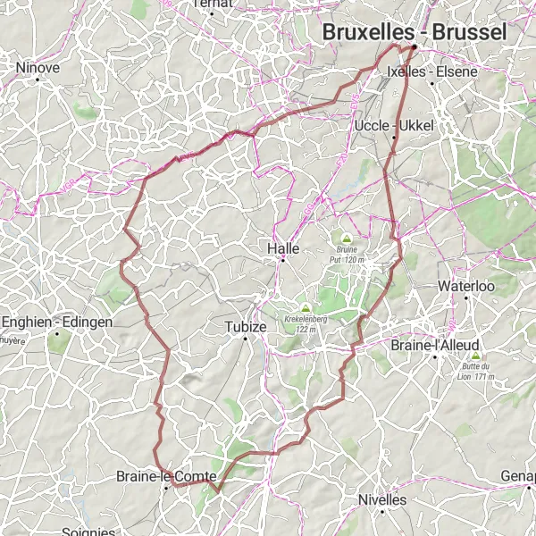 Map miniature of "Gravel Loop to Brussels Skyline" cycling inspiration in Région de Bruxelles-Capitale/ Brussels Hoofdstedelijk Gewest, Belgium. Generated by Tarmacs.app cycling route planner