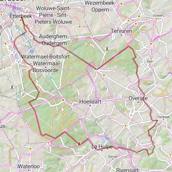 Map miniature of "Jezus-Eik - Tower of Tournai Gravel Route" cycling inspiration in Région de Bruxelles-Capitale/ Brussels Hoofdstedelijk Gewest, Belgium. Generated by Tarmacs.app cycling route planner