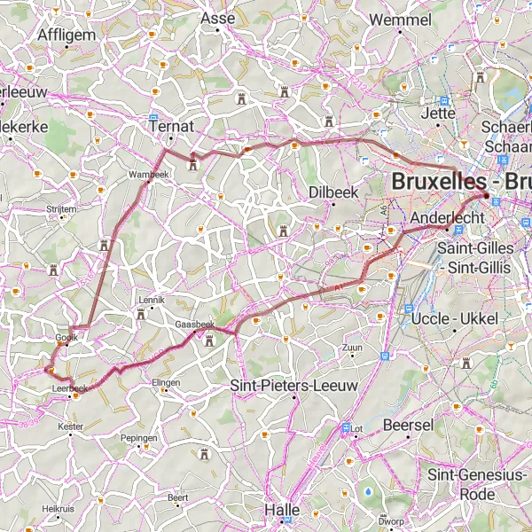 Map miniature of "The Brussels Gravel Escape" cycling inspiration in Région de Bruxelles-Capitale/ Brussels Hoofdstedelijk Gewest, Belgium. Generated by Tarmacs.app cycling route planner