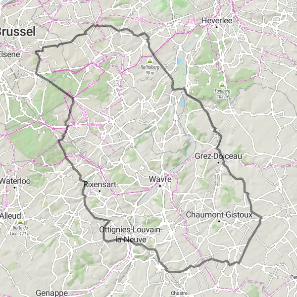 Map miniature of "The Villages and Countryside Incline" cycling inspiration in Région de Bruxelles-Capitale/ Brussels Hoofdstedelijk Gewest, Belgium. Generated by Tarmacs.app cycling route planner