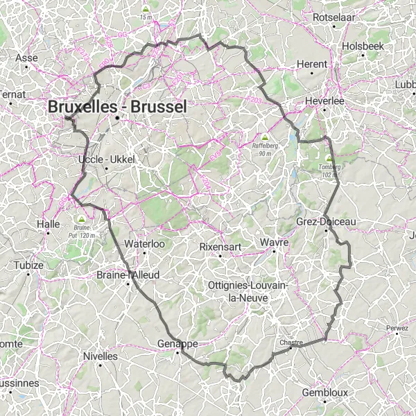 Map miniature of "Hoogste punt Vilvoorde - Moortebeek Road Route" cycling inspiration in Région de Bruxelles-Capitale/ Brussels Hoofdstedelijk Gewest, Belgium. Generated by Tarmacs.app cycling route planner