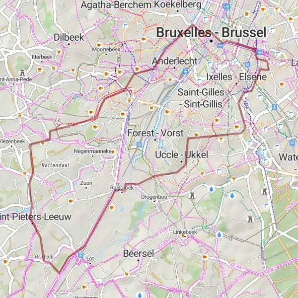 Map miniature of "The Flotsenberg Gravel Adventure" cycling inspiration in Région de Bruxelles-Capitale/ Brussels Hoofdstedelijk Gewest, Belgium. Generated by Tarmacs.app cycling route planner