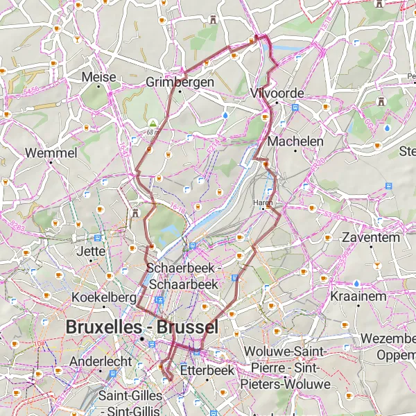 Miniature de la carte de l'inspiration cycliste "Au Cœur de Bruxelles et au-delà" dans la Région de Bruxelles-Capitale/ Brussels Hoofdstedelijk Gewest, Belgium. Générée par le planificateur d'itinéraire cycliste Tarmacs.app