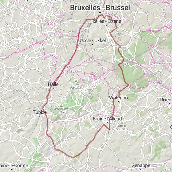 Map miniature of "Waterloo Gravel Challenge" cycling inspiration in Région de Bruxelles-Capitale/ Brussels Hoofdstedelijk Gewest, Belgium. Generated by Tarmacs.app cycling route planner