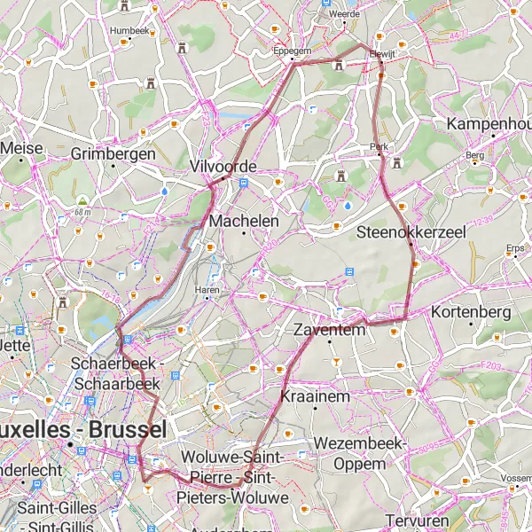 Map miniature of "Vilvoorde Gravel Ride" cycling inspiration in Région de Bruxelles-Capitale/ Brussels Hoofdstedelijk Gewest, Belgium. Generated by Tarmacs.app cycling route planner