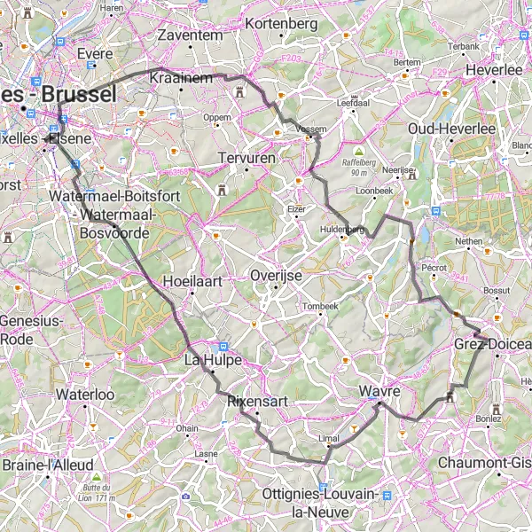 Map miniature of "Etterbeek to Rixensart Loop" cycling inspiration in Région de Bruxelles-Capitale/ Brussels Hoofdstedelijk Gewest, Belgium. Generated by Tarmacs.app cycling route planner