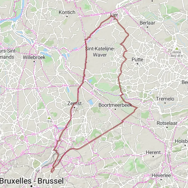 Map miniature of "Evere - Eppegem - Duffel - Peulis - Evere Gravel Route" cycling inspiration in Région de Bruxelles-Capitale/ Brussels Hoofdstedelijk Gewest, Belgium. Generated by Tarmacs.app cycling route planner