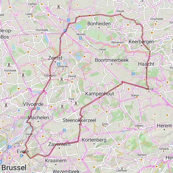 Map miniature of "Gravel Route: Eppegem to Zaventem" cycling inspiration in Région de Bruxelles-Capitale/ Brussels Hoofdstedelijk Gewest, Belgium. Generated by Tarmacs.app cycling route planner