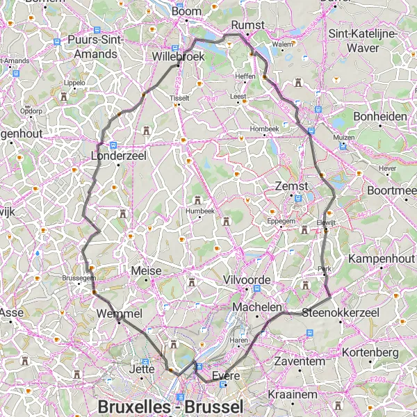 Karten-Miniaturansicht der Radinspiration "Rundtour nach Ossel und Kasteel Drie Torens" in Région de Bruxelles-Capitale/ Brussels Hoofdstedelijk Gewest, Belgium. Erstellt vom Tarmacs.app-Routenplaner für Radtouren