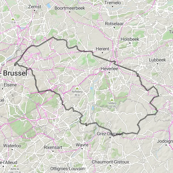 Map miniature of "Road Route: Nederokkerzeel to Evere" cycling inspiration in Région de Bruxelles-Capitale/ Brussels Hoofdstedelijk Gewest, Belgium. Generated by Tarmacs.app cycling route planner