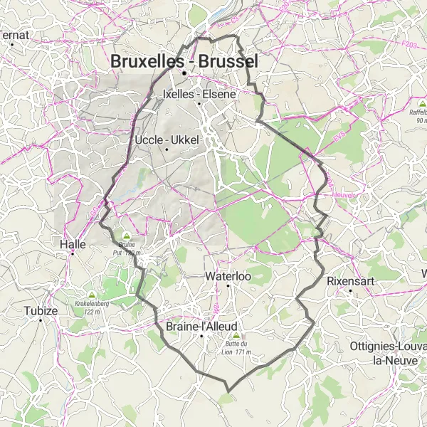 Map miniature of "Evere - Jezus-Eik - Lasne - Ophain-Bois-Seigneur-Isaac - Waaienberg - Aa - Schaerbeek - Schaarbeek Road Route" cycling inspiration in Région de Bruxelles-Capitale/ Brussels Hoofdstedelijk Gewest, Belgium. Generated by Tarmacs.app cycling route planner