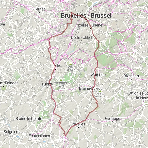 Miniatuurkaart van de fietsinspiratie "Gravelroute naar Waterloo en Halle" in Région de Bruxelles-Capitale/ Brussels Hoofdstedelijk Gewest, Belgium. Gemaakt door de Tarmacs.app fietsrouteplanner