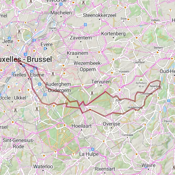 Map miniature of "Ganshoren - Ixelles - Huldenberg - Etterbeek" cycling inspiration in Région de Bruxelles-Capitale/ Brussels Hoofdstedelijk Gewest, Belgium. Generated by Tarmacs.app cycling route planner
