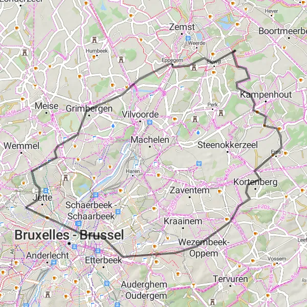 Map miniature of "Ganshoren - Jette - Kortenberg" cycling inspiration in Région de Bruxelles-Capitale/ Brussels Hoofdstedelijk Gewest, Belgium. Generated by Tarmacs.app cycling route planner