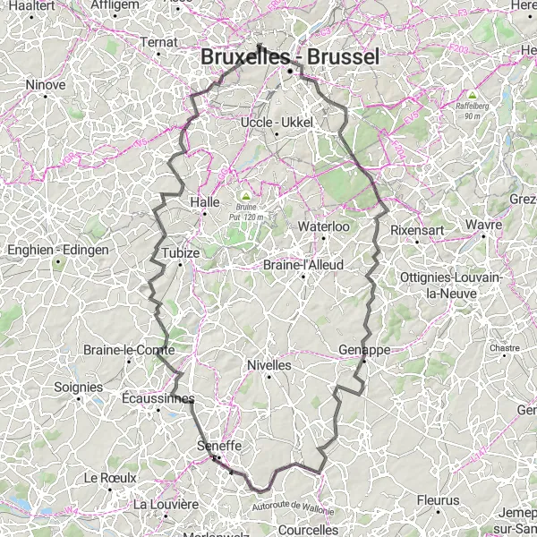Map miniature of "Ganshoren - Grand Place - Genappe - Gaasbeek Castle" cycling inspiration in Région de Bruxelles-Capitale/ Brussels Hoofdstedelijk Gewest, Belgium. Generated by Tarmacs.app cycling route planner