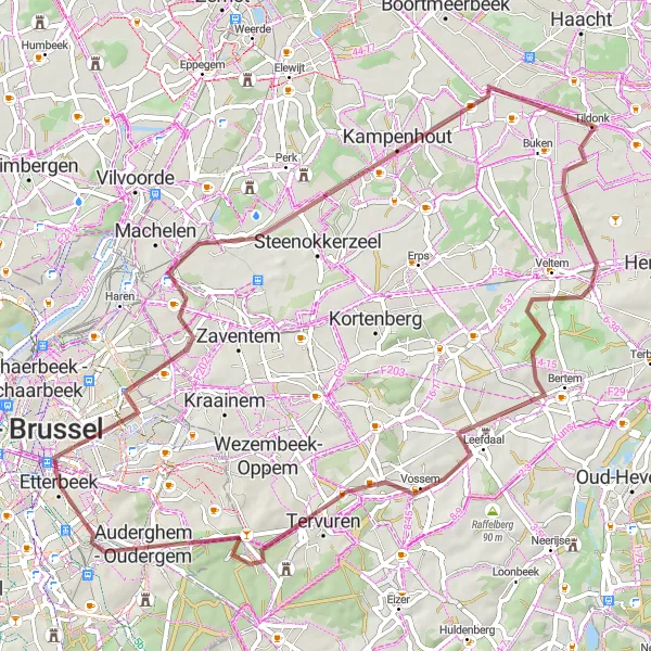 Map miniature of "Leisurely Gravel Ride through Sint-Stevens-Woluwe and Tervuren" cycling inspiration in Région de Bruxelles-Capitale/ Brussels Hoofdstedelijk Gewest, Belgium. Generated by Tarmacs.app cycling route planner