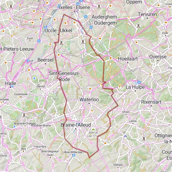 Map miniature of "Off-Road Adventure: Forests and Hills" cycling inspiration in Région de Bruxelles-Capitale/ Brussels Hoofdstedelijk Gewest, Belgium. Generated by Tarmacs.app cycling route planner