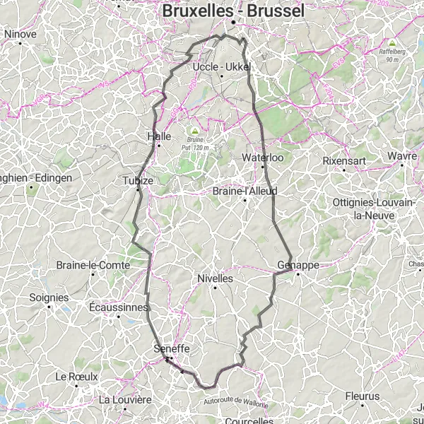 Map miniature of "Challenging Road Cycling Route to Waterloo and La Dalle" cycling inspiration in Région de Bruxelles-Capitale/ Brussels Hoofdstedelijk Gewest, Belgium. Generated by Tarmacs.app cycling route planner