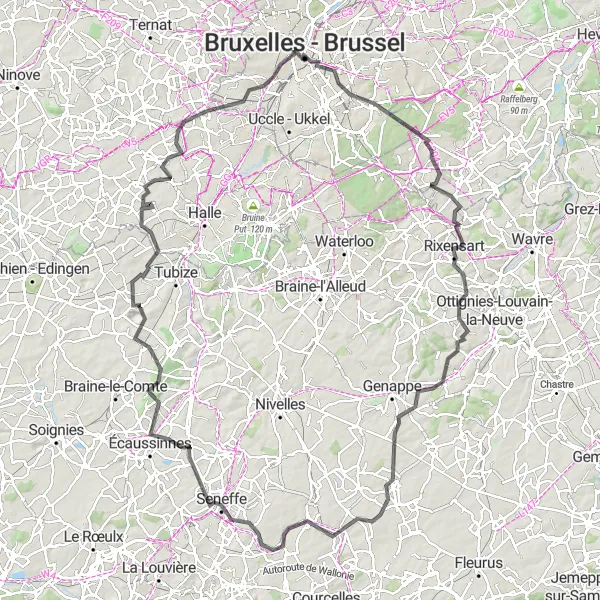 Map miniature of "Ultimate Road Cycling Challenge to Rixensart and Gaasbeek Castle" cycling inspiration in Région de Bruxelles-Capitale/ Brussels Hoofdstedelijk Gewest, Belgium. Generated by Tarmacs.app cycling route planner