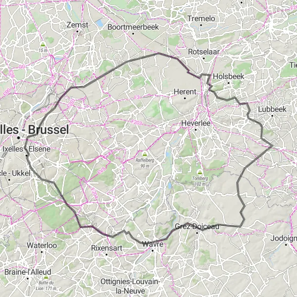 Map miniature of "Brussels Hills Loop" cycling inspiration in Région de Bruxelles-Capitale/ Brussels Hoofdstedelijk Gewest, Belgium. Generated by Tarmacs.app cycling route planner