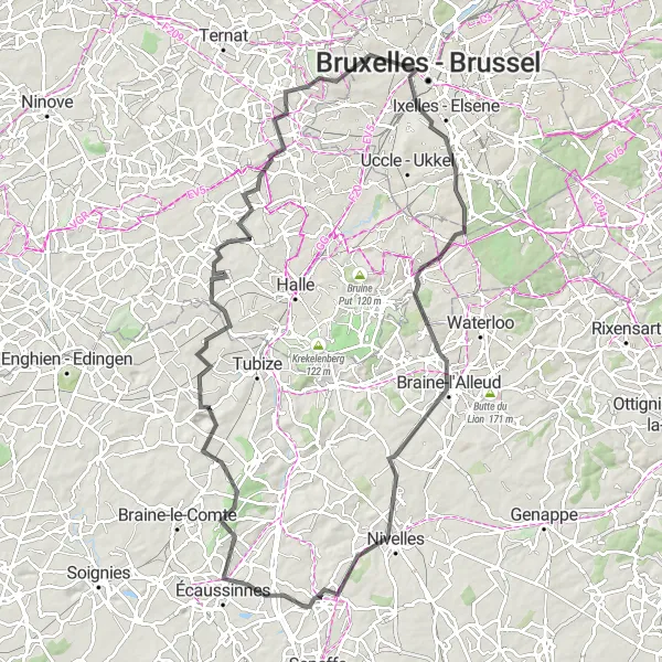 Map miniature of "Brussels Countryside Explorer" cycling inspiration in Région de Bruxelles-Capitale/ Brussels Hoofdstedelijk Gewest, Belgium. Generated by Tarmacs.app cycling route planner