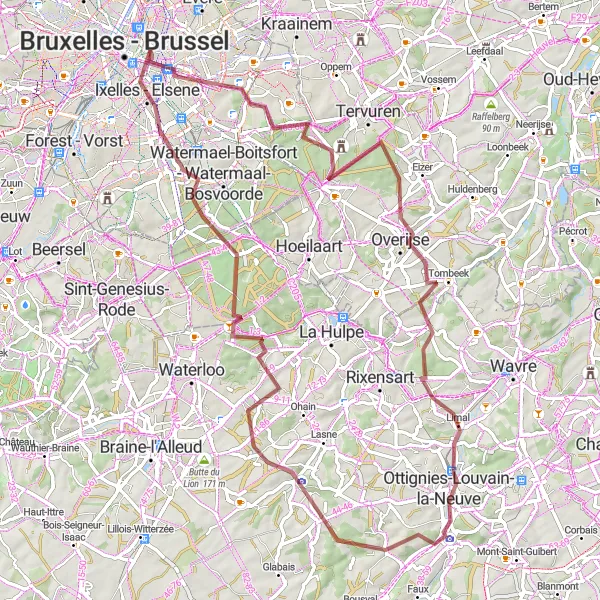 Karten-Miniaturansicht der Radinspiration "Gravel-Tour durch die grünen Vororte von Brüssel" in Région de Bruxelles-Capitale/ Brussels Hoofdstedelijk Gewest, Belgium. Erstellt vom Tarmacs.app-Routenplaner für Radtouren