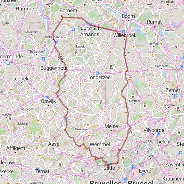 Map miniature of "Gravel Adventures in Jette" cycling inspiration in Région de Bruxelles-Capitale/ Brussels Hoofdstedelijk Gewest, Belgium. Generated by Tarmacs.app cycling route planner
