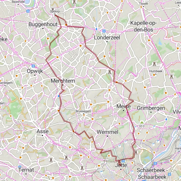 Miniatuurkaart van de fietsinspiratie "Gravelroute langs Kruiskouter en Steenhuffel" in Région de Bruxelles-Capitale/ Brussels Hoofdstedelijk Gewest, Belgium. Gemaakt door de Tarmacs.app fietsrouteplanner